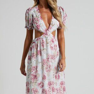 Addy Midi Dress - Side Cut Out Balloon Sleeve Dress in White Floral